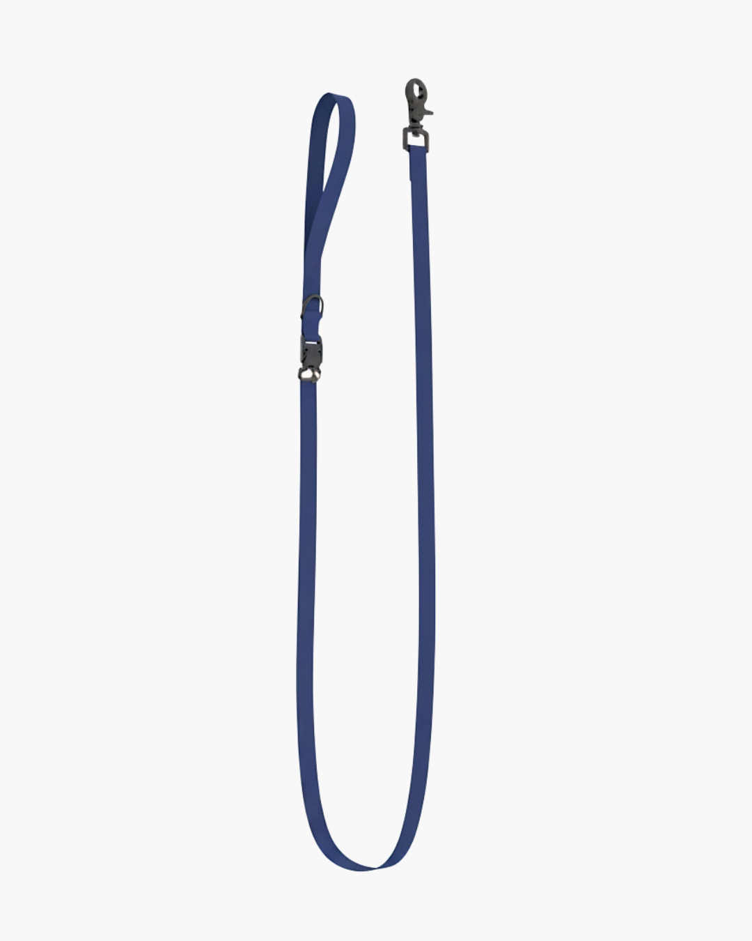 Adjustable blue dog leash with a clip on a white background