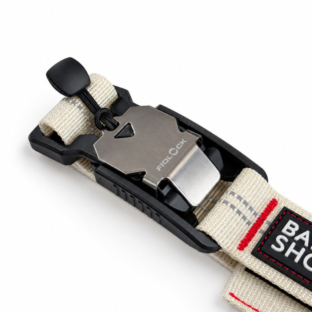 Close-up of the Fidlock magnetic buckle on a cream collar
