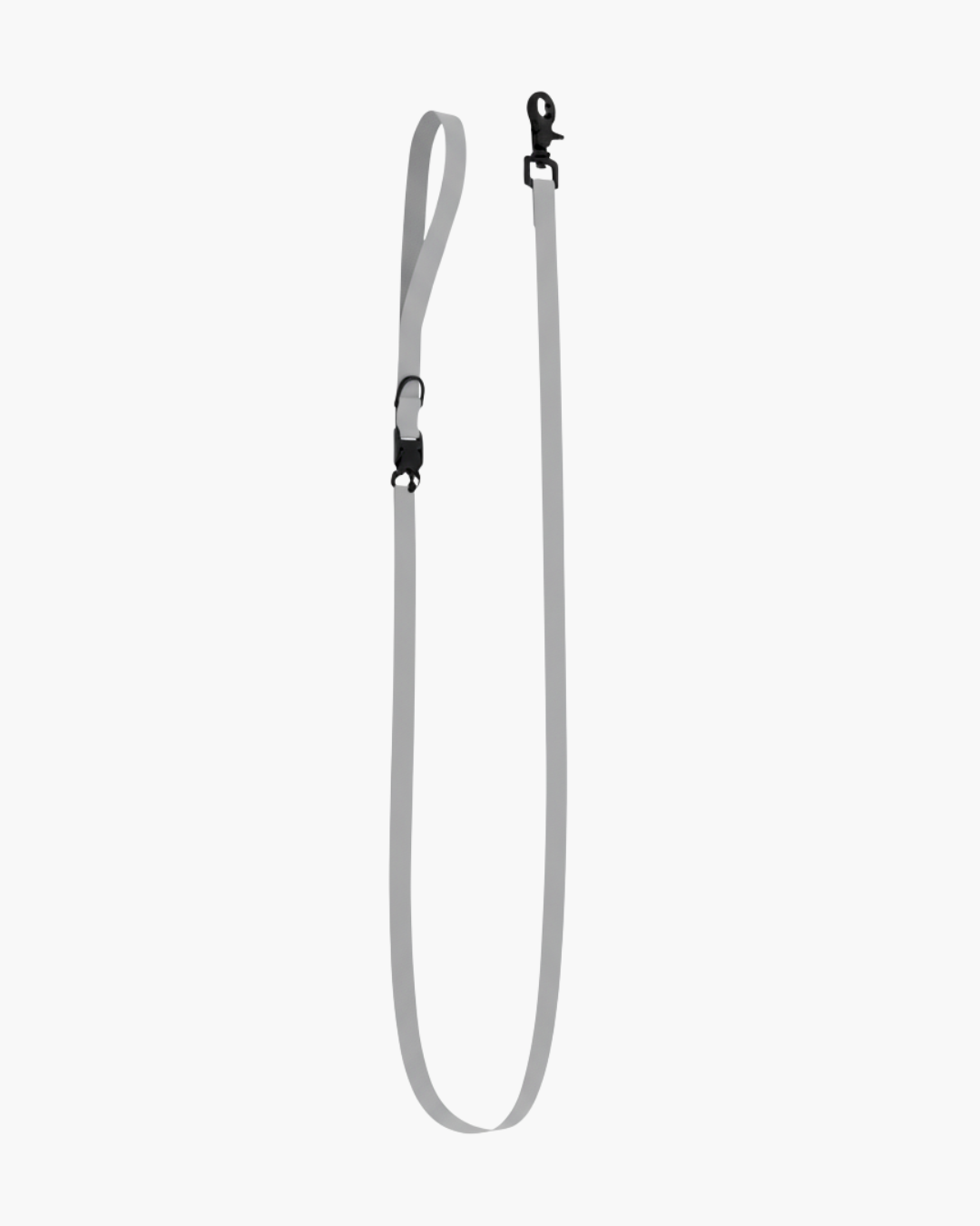 Gray dog leash with black clip on a white background